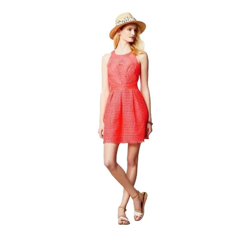 Anthropologie Yoana Baraschi Dress Size 10 Coral Fit Flare Sleeveless Eyelet